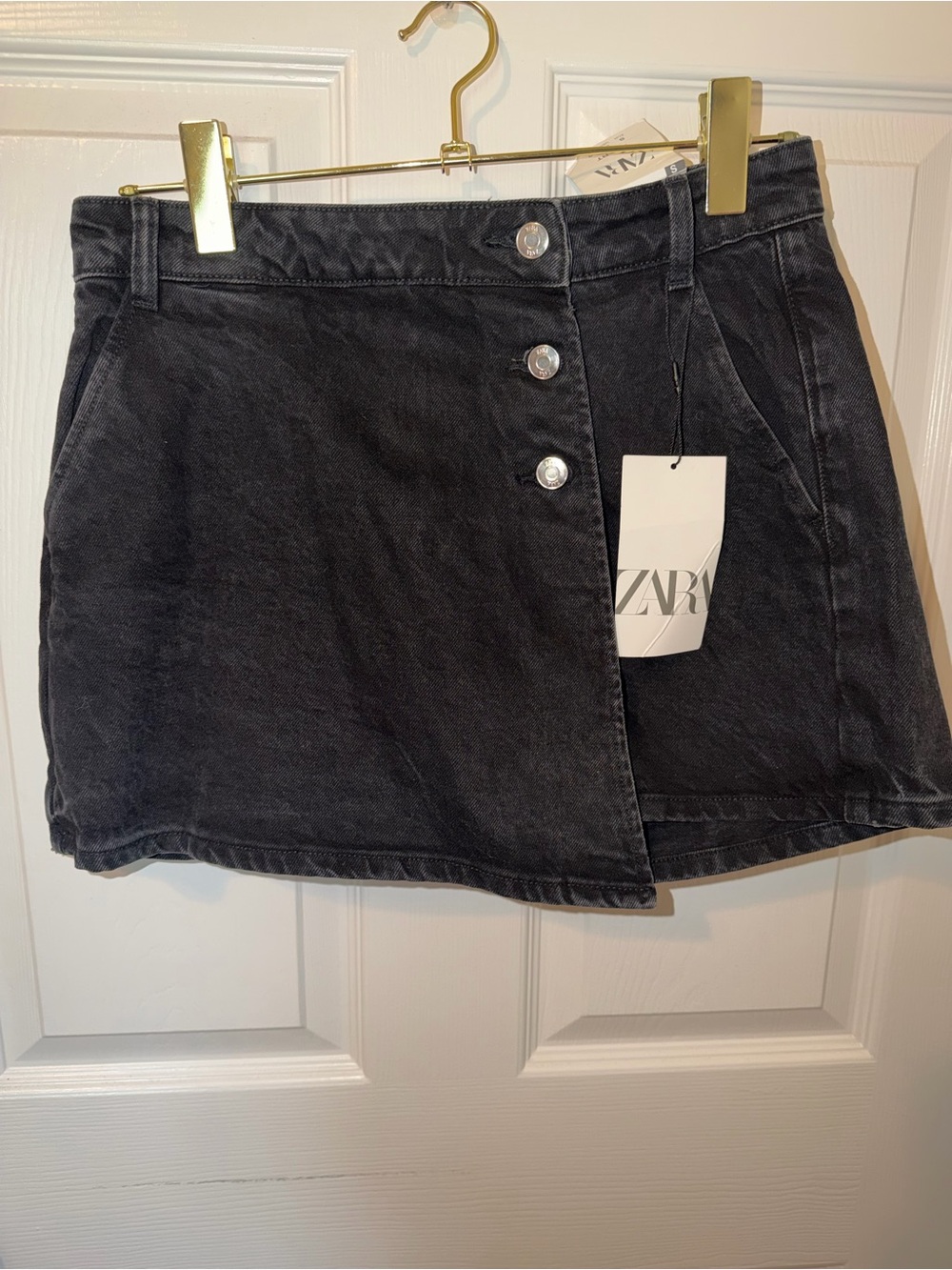 Zara Washed Black Denim Asymmetrical Button Mini Skirt